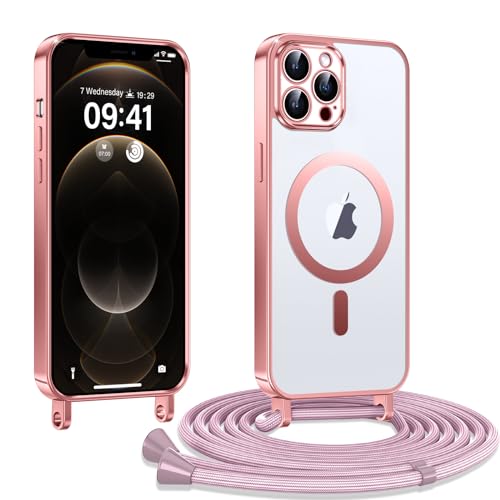 Kokio Handykette Hülle für iPhone 12 Pro Max mit Band, Magnetische Transparent Handyhülle Kompatibel mit MagSafe, Kratzfeste Stossfest Schutzhülle mit Einstellbar Kette, Rosé von Kokio