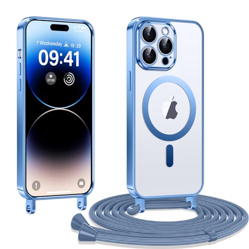 Kokio Handykette Hülle für iPhone 14 Pro Max mit Band, Magnetische Transparent Handyhülle Kompatibel mit MagSafe, Kratzfeste Stossfest Schutzhülle mit Einstellbar Kette, Blau von Kokio