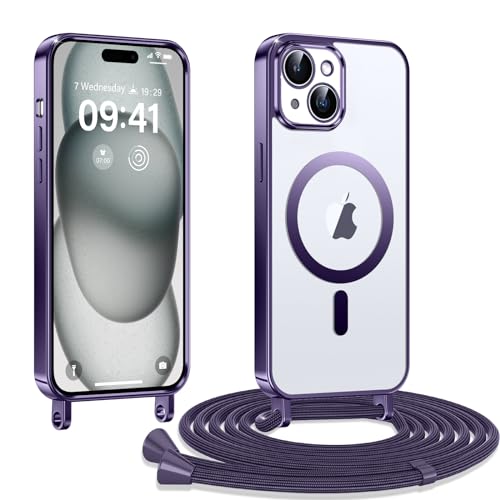 Kokio Handykette Hülle für iPhone 15 Plus/ 14 Plus mit Band, Magnetische Transparent Handyhülle Kompatibel mit MagSafe, Kratzfeste Stossfest Schutzhülle mit Einstellbar Kette, Lila von Kokio