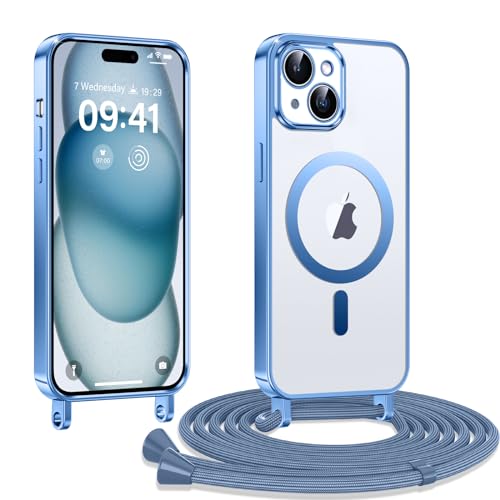 Kokio Handykette Hülle für iPhone 15 mit Band, Magnetische Transparent Handyhülle Kompatibel mit MagSafe, Kratzfeste Stossfest Schutzhülle mit Einstellbar Kette, Blau von Kokio