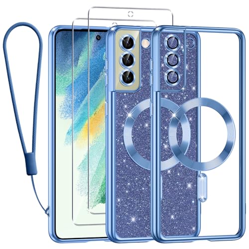 Kokio Handykette für Samsung Galaxy S21 FE 5G Hülle mit Band, [Kompatibel mit MagSafe] Glitzer Magnetisch Handyhülle für Samsung S21 FE mit 2 Stück Schutzfolie Stoßfeste Silikon Schutzhülle, Blau von Kokio