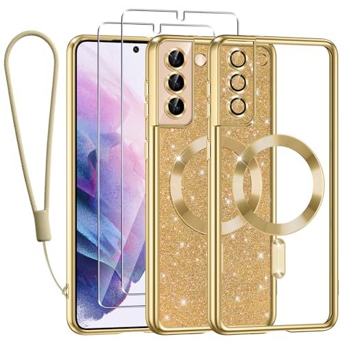 Kokio Handykette für Samsung Galaxy S21 Hülle mit Band, [Kompatibel mit MagSafe] Glitzer Magnetisch Handyhülle für Samsung S21 mit 2 Stück Schutzfolie Stoßfeste Silikon Schutzhülle, Gold von Kokio