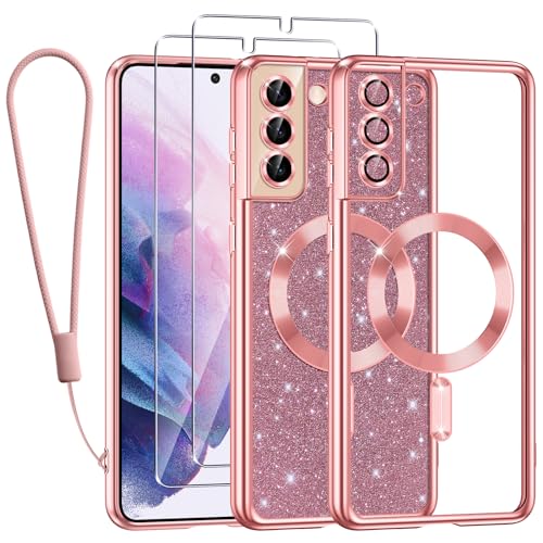 Kokio Handykette für Samsung Galaxy S21 Plus Hülle mit Band, [Kompatibel mit MagSafe] Glitzer Magnetisch Handyhülle für Samsung S21 Plus mit 2 Stück Schutzfolie Stoßfeste TPU Schutzhülle, Rosa von Kokio