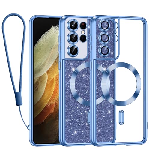 Kokio Handykette für Samsung Galaxy S21 Ultra Hülle mit Band, [Kompatibel mit MagSafe] Glitzer Magnetisch Handyhülle für Samsung S21 Ultra Weich Silikon TPU Stoßfeste Schutzhülle, Blau von Kokio