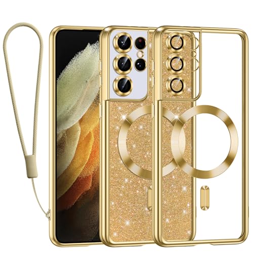 Kokio Handykette für Samsung Galaxy S21 Ultra Hülle mit Band, [Kompatibel mit MagSafe] Glitzer Magnetisch Handyhülle für Samsung S21 Ultra Weich Silikon TPU Stoßfeste Schutzhülle, Gold von Kokio