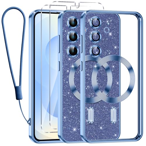 Kokio Handykette für Samsung Galaxy S25 Plus 5G Hülle Glitzer, [Kompatibel mit MagSafe] Magnetisch Handyhülle für Samsung S25 Plus mit 2 Stück Schutzfolie Stoßfeste Silikon TPU Schutzhülle, Blau von Kokio
