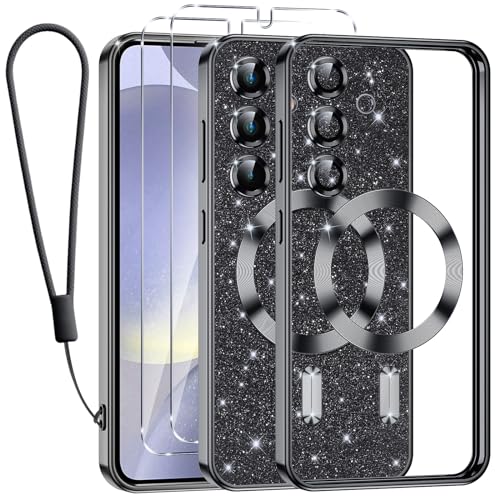 Kokio Handykette für Samsung S24+ / S24 Plus Hülle Glitzer, [Kompatibel mit MagSafe] Magnetisch Handyhülle für Samsung S24+ mit 2 Stück Schutzfolie Stoßfeste Silikon TPU Schutzhülle, Schwarz von Kokio