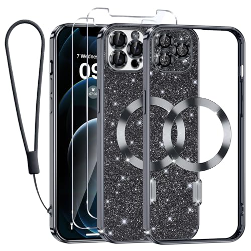 Kokio Handykette für iPhone 12 Pro Hülle Glitzer, [Kompatibel mit MagSafe] Magnetisch Handyhülle für iPhone 12 Pro mit 2 Stück Schutzfolie Stoßfeste Silikon TPU Schutzhülle, Schwarz von Kokio