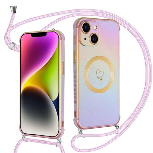 Kokio Handykette für iPhone 14 Hülle mit Band, Magnetisch Handyhülle Silikon mit Herz Motiv, Kompatibel mit MagSafe, Ultra Dünn Stoßfeste Case mit Kordel zum Umhängen für iPhone 14, Violett Kokio Handykette für iPhone 14 Hülle mit Band, Magnetisch Handyhülle Silikon mit Herz Motiv, Kompatibel mit MagSafe, Ultra Dünn Stoßfeste Case mit Kordel zum Umhängen für iPhone 14, Violett von Kokio