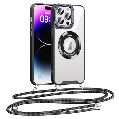 Kokio Handykette für iPhone 14 Pro 6,1" Hülle mit Band Kompatibel mit MagSafe, Transparent Magnetisch Handyhülle zum Umhängen Kette Schnur Abnehmbar, Schutzhülle mit Kordel für iPhone14 Pro, Schwarz von Kokio