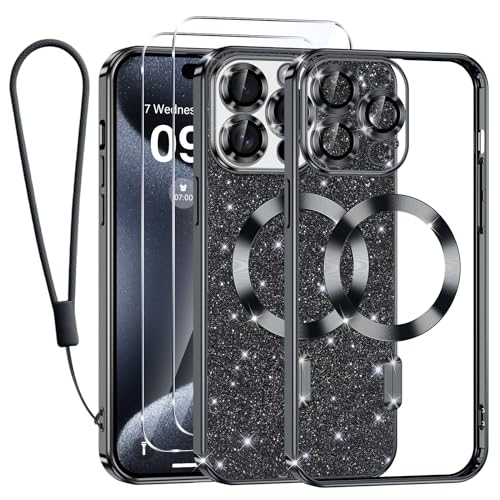 Kokio Handykette für iPhone 15 Pro Hülle Glitzer, [Kompatibel mit MagSafe] Magnetisch Handyhülle für iPhone 15 Pro mit 2 Stück Schutzfolie Stoßfeste Silikon TPU Schutzhülle, Schwarz von Kokio