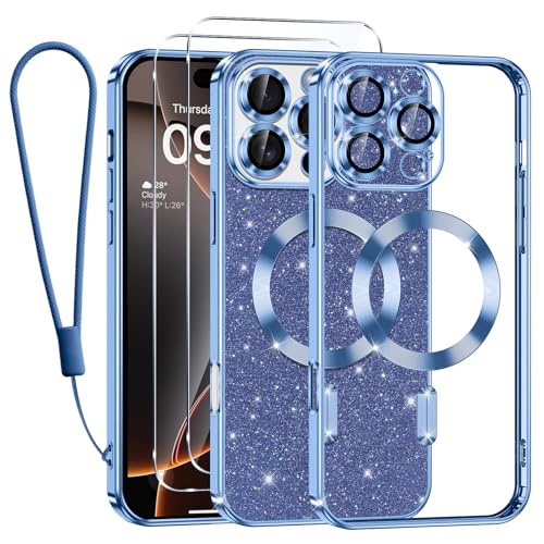 Kokio Handykette für iPhone 16 Pro Max Hülle mit Band, [Kompatibel mit MagSafe] Glitzernde Magnetisch Handyhülle für iPhone 16 Pro Max mit 2 Stück Schutzfolie Stoßfeste Silikon Schutzhülle, Blau von Kokio