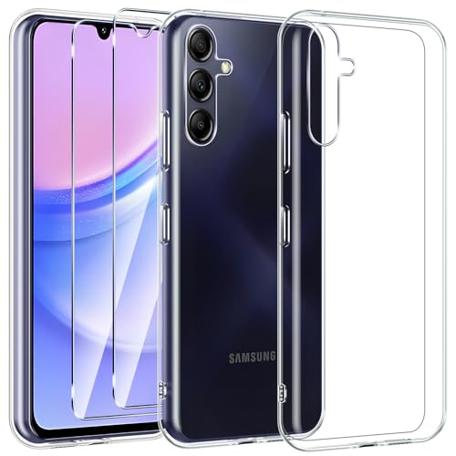 Kokio Hülle für Samsung Galaxy A15 5G mit 2 Stück Schutzfolie, Klare stoßfeste dünne Silikon TPU Handyhülle für Samsung A15 Schutzhülle, Weich Transparent Kratzfestigkeit rutschfest Hülle von Kokio