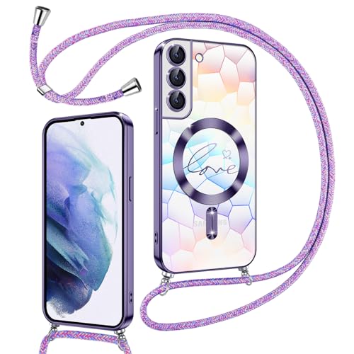 Kokio Magnetische Glitzer Handykette für Samsung Galaxy S21 5G Hülle mit Band [Kompatibel mit MagSafe] Kameraschutz Handyhülle für Frauen Mädchen Silikon Schutzhülle für Samsung S21 5G Lila von Kokio