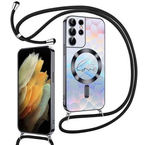 Kokio Magnetische Glitzer Handykette für Samsung Galaxy S21 Ultra 5G Hülle mit Band [Kompatibel mit MagSafe] Kameraschutz Handyhülle für Frauen Mädchen Silikon Case für Samsung S21 Ultra 5G Schwarz von Kokio