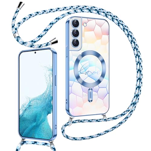 Kokio Magnetische Glitzer Handykette für Samsung Galaxy S22 Plus 5G Hülle mit Band [Kompatibel mit MagSafe] Kameraschutz Handyhülle für Frauen Mädchen Silikon Schutzhülle für Samsung S22 Plus 5G Blau von Kokio