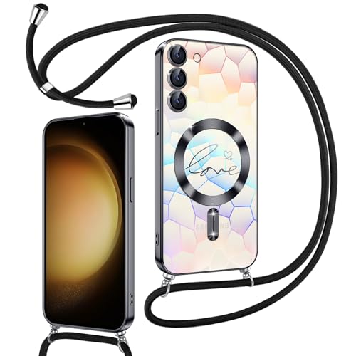 Kokio Magnetische Glitzer Handykette für Samsung Galaxy S23 5G Hülle mit Band [Kompatibel mit MagSafe] Kameraschutz Handyhülle für Frauen Mädchen Silikon Schutzhülle für Samsung S23 5G Schwarz von Kokio