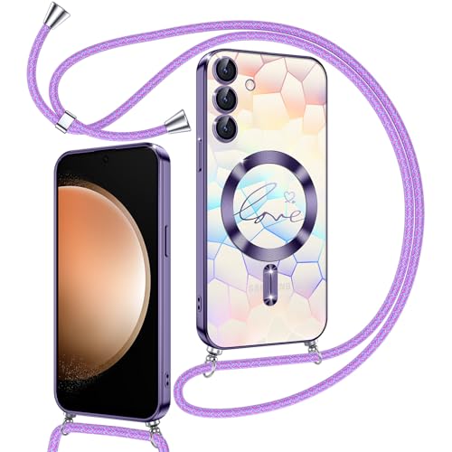 Kokio Magnetische Glitzer Handykette für Samsung Galaxy S23 FE Hülle mit Band [Kompatibel mit MagSafe] Kameraschutz Handyhülle für Frauen Mädchen Silikon Schutzhülle für Samsung S23 FE Lila von Kokio