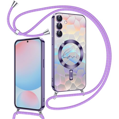 Kokio Magnetische Glitzer Handykette für Samsung Galaxy S24 FE Hülle mit Band [Kompatibel mit MagSafe] Kameraschutz Handyhülle für Frauen Mädchen Silikon Schutzhülle für Samsung S24 FE Lila von Kokio