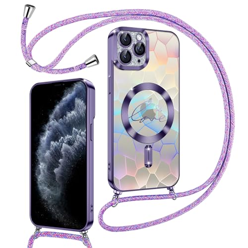 Kokio Magnetische Glitzer Handykette für iPhone 11 Pro Max Hülle mit Band [Kompatibel mit MagSafe] Kameraschutz Handyhülle für Frauen Mädchen Silikon Stoßfeste Schutzhülle für iPhone 11 Pro Max Lila von Kokio