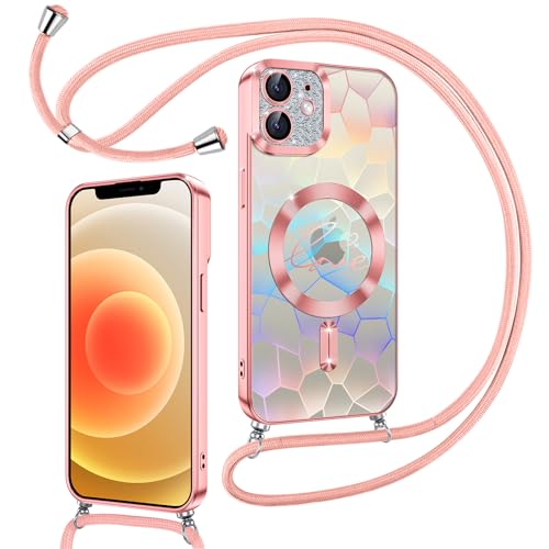 Kokio Magnetische Glitzer Handykette für iPhone 12 Hülle mit Band [Kompatibel mit MagSafe] Kameraschutz Durchsichtig Handyhülle für Frauen Mädchen Silikon Stoßfeste Schutzhülle für iPhone 12 Rosa von Kokio