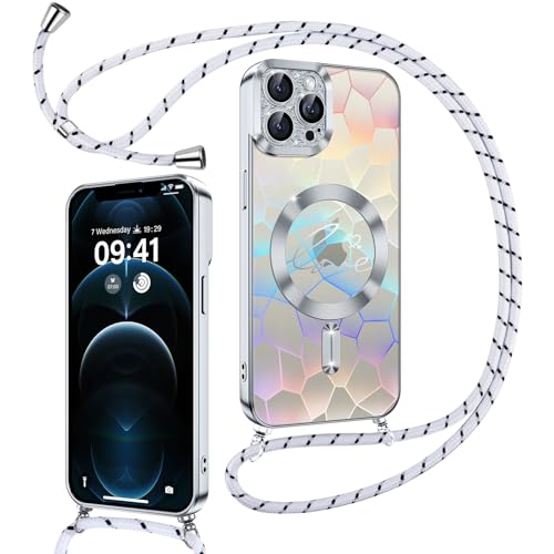 Kokio Magnetische Glitzer Handykette für iPhone 12 Pro Hülle mit Band [Kompatibel mit MagSafe] Kameraschutz Durchsichtig Handyhülle für Mädchen Stoßfeste Schutzhülle für iPhone 12 Pro Silber von Kokio