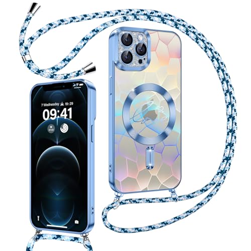 Kokio Magnetische Glitzer Handykette für iPhone 12 Pro Max Hülle mit Band [Kompatibel mit MagSafe] Kameraschutz Durchsichtig Handyhülle für Mädchen Stoßfeste Schutzhülle für iPhone 12 Pro Max Blau von Kokio