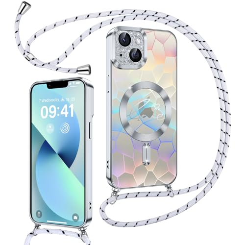 Kokio Magnetische Glitzer Handykette für iPhone 13 Hülle mit Band [Kompatibel mit MagSafe] Kameraschutz Durchsichtig Handyhülle für Mädchen Stoßfeste Schutzhülle für iPhone 13 Silber von Kokio