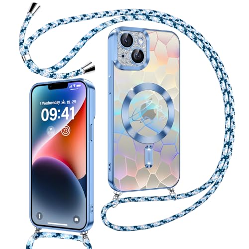 Kokio Magnetische Glitzer Handykette für iPhone 14 Hülle mit Band [Kompatibel mit MagSafe] Kameraschutz Handyhülle für Frauen Mädchen Silikon Schutzhülle für iPhone 14 Blau von Kokio