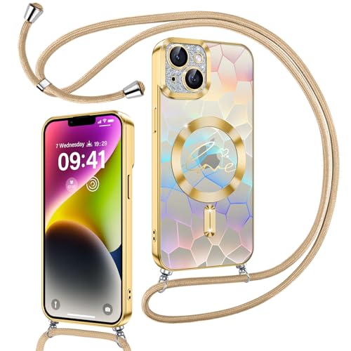 Kokio Magnetische Glitzer Handykette für iPhone 14 Plus Hülle mit Band [Kompatibel mit MagSafe] Kameraschutz Handyhülle für Frauen Mädchen Silikon Schutzhülle für iPhone 14 Plus Gold von Kokio