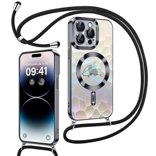 Kokio Magnetische Glitzer Handykette für iPhone 14 Pro Hülle mit Band [Kompatibel mit MagSafe] Kameraschutz Handyhülle für Frauen Mädchen Silikon Schutzhülle für iPhone 14 Pro Schwarz von Kokio