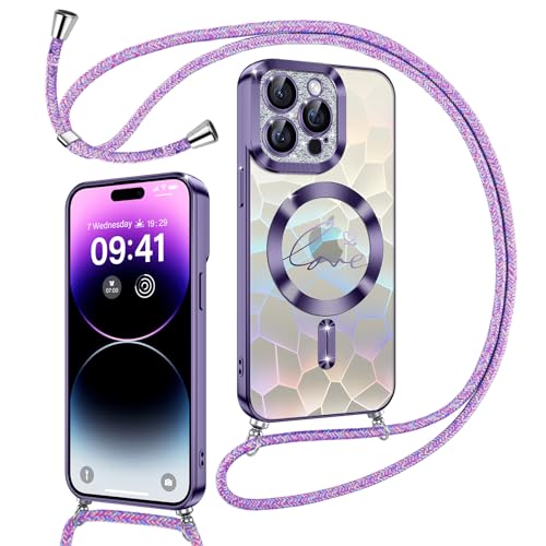 Kokio Magnetische Glitzer Handykette für iPhone 14 Pro Max Hülle mit Band [Kompatibel mit MagSafe] Kameraschutz Durchsichtig Handyhülle für Mädchen Stoßfeste Schutzhülle für iPhone 14 Pro Max Lila von Kokio
