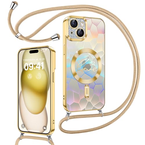 Kokio Magnetische Glitzer Handykette für iPhone 15 Plus Hülle mit Band [Kompatibel mit MagSafe] Kameraschutz Handyhülle für Frauen Mädchen Silikon Schutzhülle für iPhone 15 Plus Gold von Kokio