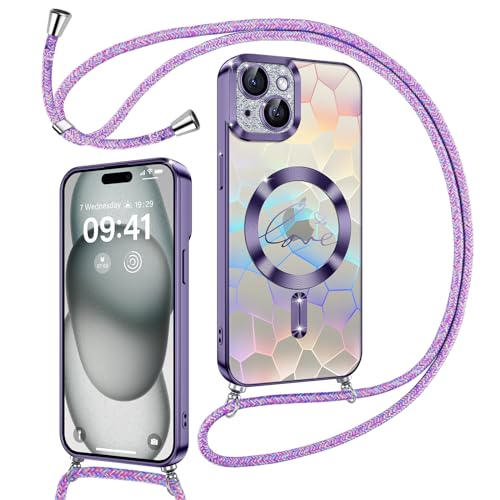 Kokio Magnetische Glitzer Handykette für iPhone 15 Plus Hülle mit Band [Kompatibel mit MagSafe] Kameraschutz Handyhülle für Frauen Mädchen Silikon Schutzhülle für iPhone 15 Plus Lila von Kokio