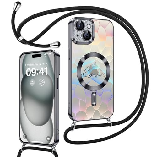 Kokio Magnetische Glitzer Handykette für iPhone 15 Plus Hülle mit Band [Kompatibel mit MagSafe] Kameraschutz Handyhülle für Frauen Mädchen Silikon Schutzhülle für iPhone 15 Plus Schwarz von Kokio
