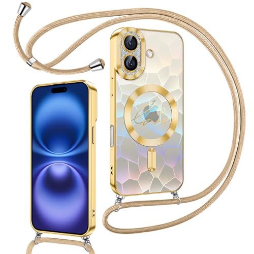 Kokio Magnetische Glitzer Handykette für iPhone 16 Hülle mit Band [Kompatibel mit MagSafe] Kameraschutz Handyhülle für Frauen Mädchen Silikon Schutzhülle für iPhone 16 Gold von Kokio