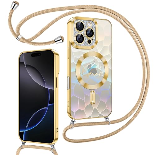 Kokio Magnetische Glitzer Handykette für iPhone 16 Pro Max Hülle mit Band [Kompatibel mit MagSafe] Kameraschutz Handyhülle für Frauen Mädchen Silikon Schutzhülle für iPhone 16 Pro Max Gold von Kokio