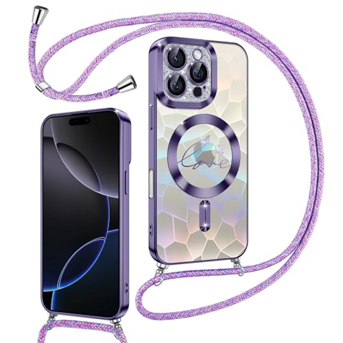Kokio Magnetische Glitzer Handykette für iPhone 16 Pro Max Hülle mit Band [Kompatibel mit MagSafe] Kameraschutz Handyhülle für Frauen Mädchen Silikon Schutzhülle für iPhone 16 Pro Max Lila von Kokio