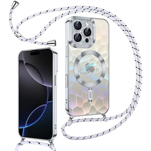 Kokio Magnetische Glitzer Handykette für iPhone 16 Pro Max Hülle mit Band [Kompatibel mit MagSafe] Kameraschutz Handyhülle für Frauen Mädchen Silikon Schutzhülle für iPhone 16 Pro Max Silber von Kokio
