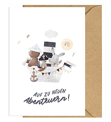 KOKO&LORA® Glückwünschkarte zur Einschulung mit Umschlag • zuckersüßes Motiv mit Kraftpapier-Kuvert • auf zu neuen Abenteuern von Koko Lora