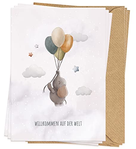 KOKO&LORA® Glückwunschkarten zur Geburt im 3er Set mit Elefant und Luftballons • moderne Grußkarten mit niedlichen Aquarell-Tieren von Koko Lora