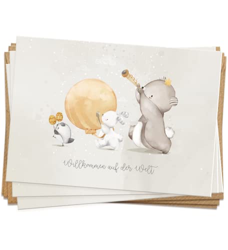 KOKO&LORA® Glückwunschkarten zur Geburt mit Umschlag "Willkommen auf der Welt" • 3er Set moderne Grußkarte mit niedlichen Aquarell-Tieren mit Kraftpapier-Kuvert von Koko Lora