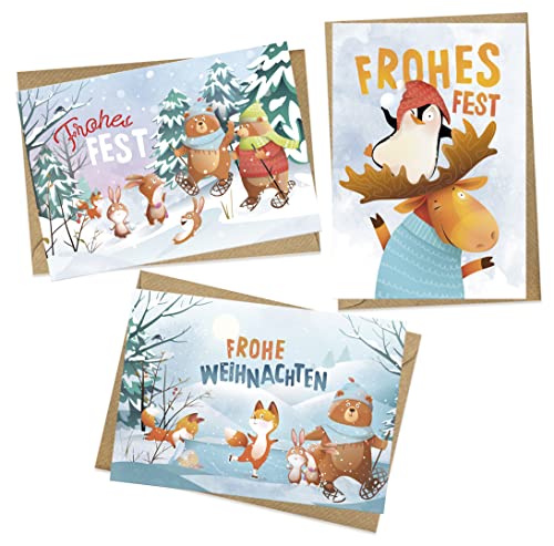 KOKO&LORA® Weihnachtliche Grußkarten im kindlichen Design - Waldtiere & Pinguin von Koko Lora