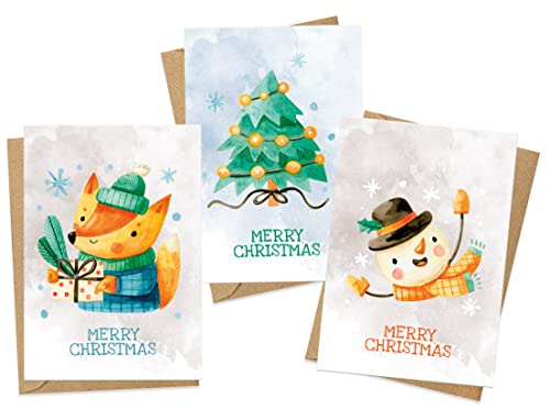 KOKO&LORA® Weihnachtliche Grußkarten im niedlichen Aquarell-Design für Groß- und Klein mit Fuchs & Schneemann von Koko Lora