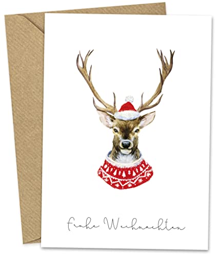 KOKO&LORA® Weihnachtskarten mit Kraftpapier-Umschlägen (3er Set) - Premium Grußkartenset mit Natur-Kuvert - moderne, weihnachtliche Karten • Hirsch von Koko Lora