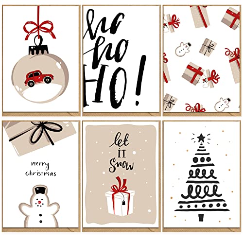 KOKO&LORA® Weihnachtskarten mit Kraftpapier-Umschlägen (6er Set) - Premium Grußkartenset mit Natur-Kuvert - 6 moderne, weihnachtliche Karten (Beige-Rot) von Koko Lora