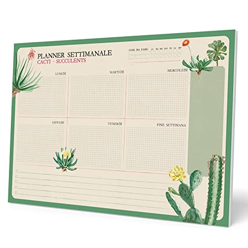 Grupo Erik Wochenplaner Tischkalender Block A4 - Kalender Planer Botanical Cacti auf Italienisch - Tischplaner A4 ohne festes Datum von Kokonote