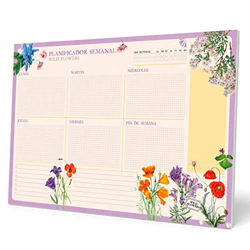 Kokonote Wochenplaner Tischkalender Block A3- Kalender Planer Botanical Wild Flowers - Schreibunterlage auf Spanisch von Kokonote