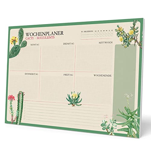 Kokonote Wochenplaner Tischkalender Block A4 - Kalender Planer Botanical Cacti auf Deutsch - Tischplaner A4 - Tischkalender ohne Datum - Schreibtischunterlage Papier von Kokonote