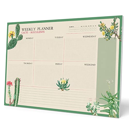 Kokonote Wochenplaner Tischkalender Block - Kalender Planer - Botanical Cacti Tischplaner A3 ohne festes Datum - Schreibunterlage auf Englisch von Kokonote